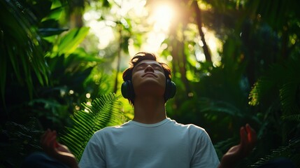 A serene moment of meditation in a lush jungle, with a person wearing headphones, basking in natural light.
