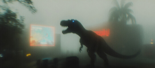 Silhouette of dinosaur in foggy city night with neon lights and palm trees
