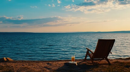 A serene beach scene featuring a lone chair by the water, with a beautiful sunset reflecting on the waves.