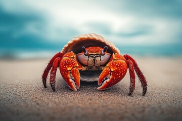 A vibrant red hermit crab in its seashell home on the beach