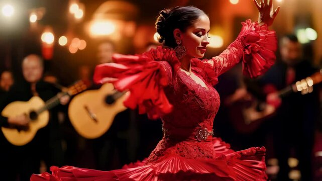 Graceful flamenco dancer woman wearing a red dress, performing with passion and energy on a stage with blurred musicians playing guitars in the background