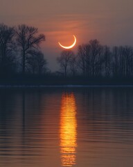 Partial solar eclipse sunset river