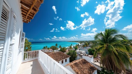 An idyllic beach scene featuring palm trees and a sunny blue sky, inviting viewers to experience the tranquility and beauty of tropical paradise by the sea.