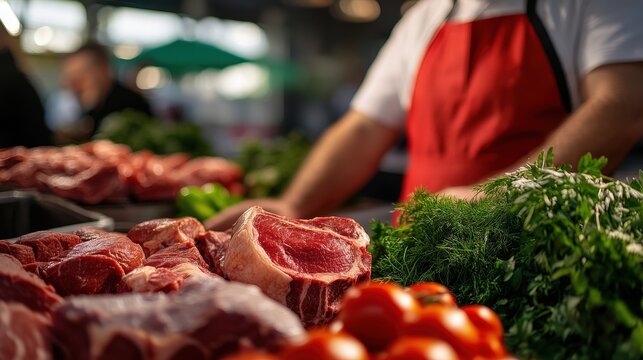 A vendor in a red apron stands at a market stall, showcasing fresh cuts of meat and vibrant tomatoes, surrounded by greenery.