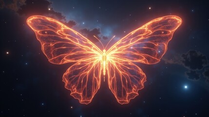 A nebula shaped like an immense cosmic butterfly, glowing wings of gas and dust stretching across the universe, starlight illuminating its delicate tendrils.