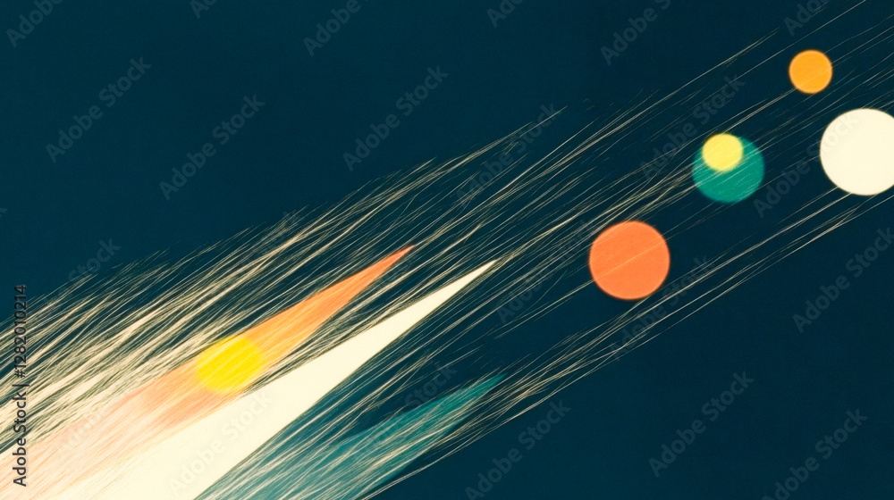 Poster dynamic abstract composition with colorful geometric shapes and motion lines on dark background