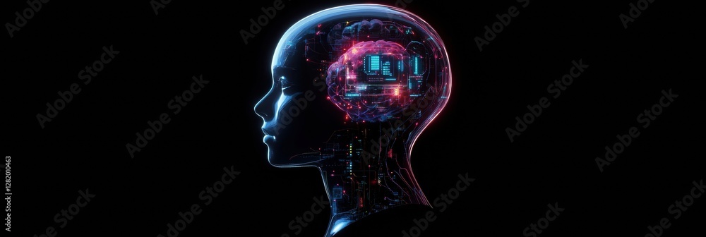 Poster futuristic side profile of a human head showcasing advanced robotic structures and glowing cyberneti