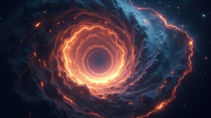 A mesmerizing wormhole opening in deep space, gravitational distortions twisting nearby stars, a luminous tunnel of swirling nebular light leading into an unknown dimension.