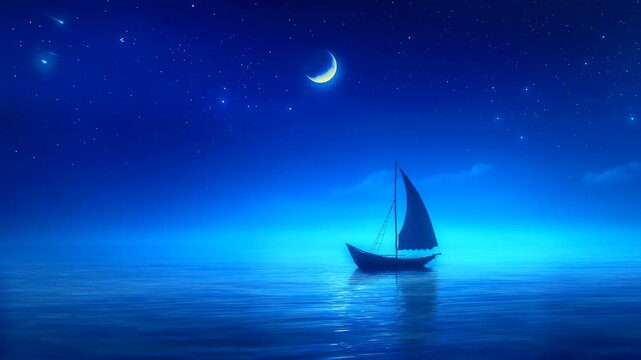 Small sailboat floating on a deep blue ocean under a crescent moon and a starry sky. Seamless looping 4K video background