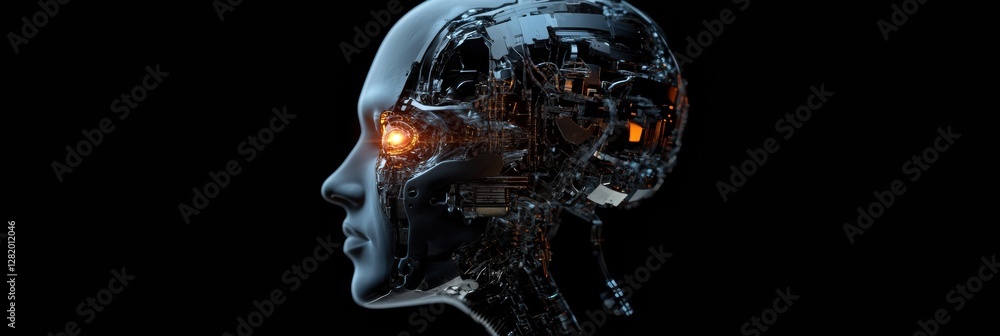 Poster futuristic human head profile showcasing advanced cybernetic implants and a glowing robotic eye in a