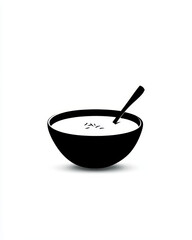 Black and White Illustration of Bowl with Spoon and Milk or Cream