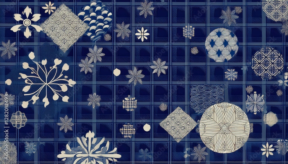 Poster japanese background navy blue checkered pattern with snowflake pattern