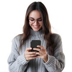 Smiling woman wearing glasses and a sweater, looking down and interacting with a smartphone on white background.