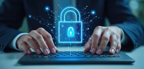 Person types on keyboard with padlock hologram over. Cyber security protection of user personal data, finance operations. Digital safety business, online network security system concepts. Security