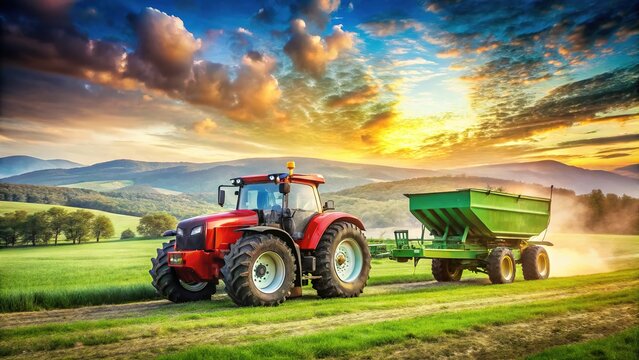 Double-exposure: tractor towing spreader, red and green.