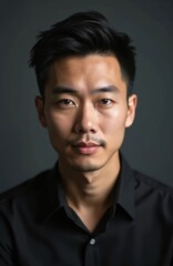 Obraz premium Close-up portrait of asian man in black shirt on gray background. Confident businessman looking at camera. Pro executive in office. Handsome male with clean face. Success concept shot.