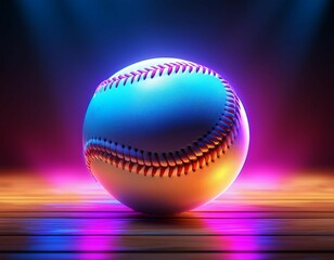 baseball ball on wooden surface illuminated by colorful neon lights sport background generative ai