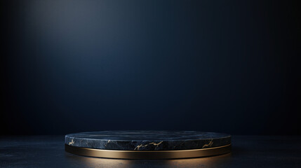 A 3D Rendering of a Black Marble Podium with Gold Accents, Set Against a Dark Navy Blue Room Background with Subtle Light Gradients and Shadows, Perfect for a Luxury Product Shelf Display