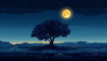 Lone tree, full moon, night field, fireflies