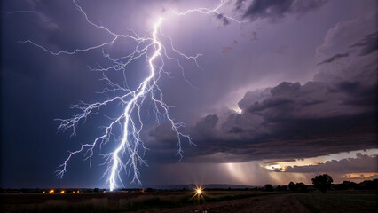 Dramatic Lightning Strike over a Field During a Storm