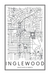 Printable downtown road map poster of the USA town of INGLEWOOD on solid white background with city name