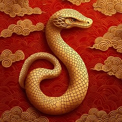 Obraz premium Golden snake, cloud backdrop, Asian art, Lunar New Year