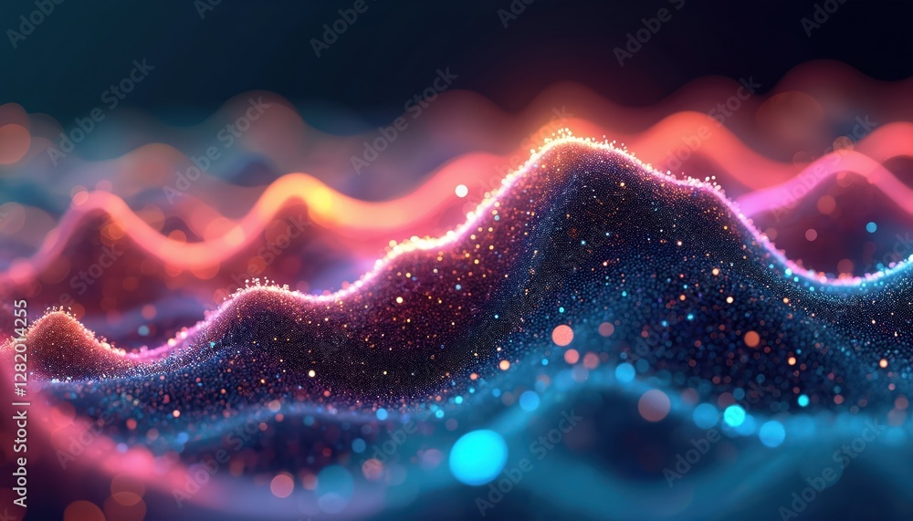 Poster abstract digital landscape of glowing multicolor data with generative ai elements. dots, lines form 