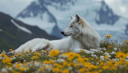 Naklejka premium Arctic wolf resting, wildflowers, mountains
