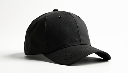 Black baseball cap mockup isolated on white. Blank template for sport, fashion, design. Clean clothing head accessory. Cotton textile visor. Casual attire, sun protection. Hip hop style merchandise.