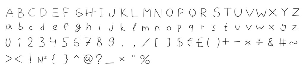 Light english latin abc alphabet font with digits and symbols handwritten A to Z, 0 to 9 collection. Vector illustration in doodle style isolated on white background. Design, menu, presentation, brand