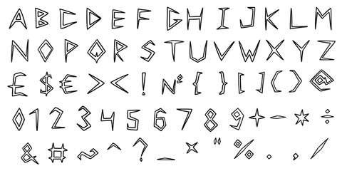 Sharp english latin abc alphabet font with digits and symbols handwritten A to Z, 0 to 9 collection. Vector illustration in doodle style isolated on white background. For design.