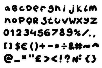 Black english latin abc alphabet font with digits and symbols handwritten A to Z, 0 to 9 collection. Vector illustration in doodle style isolated on white background. For design.