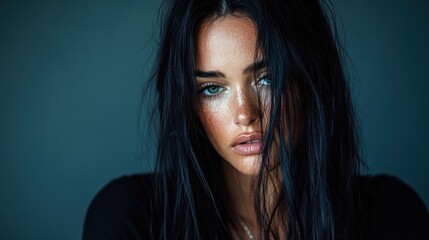 Fototapeta premium This captivating portrait showcases a woman's intense gaze and freckled skin, with wet hair framing her face, creating an alluring sense of raw emotion and passion in visual art.