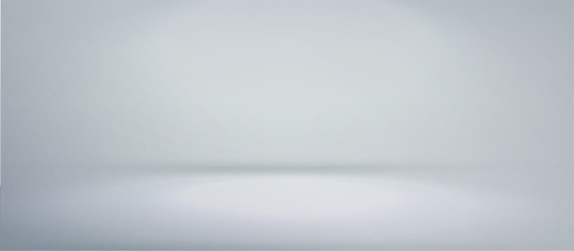 White grey studio room. Limbo light background. Abstract 3d gradient backdrop for product presentation. Minimal wall scene spotlight. Showcase, promotion display. Vector stage mockup illustration