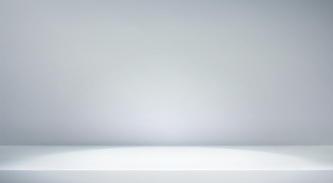 White grey studio room. Limbo light background. Abstract 3d gradient backdrop for product presentation. Minimal wall scene spotlight. Showcase, promotion display. Vector stage mockup illustration