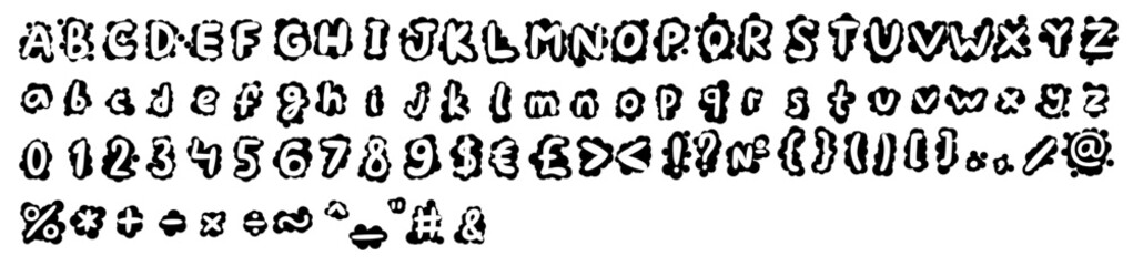 Blots english latin abc alphabet font with digits and symbols handwritten A to Z, 0 to 9 collection. Vector black illustration in doodle style isolated on white background. For design, branding, menu.