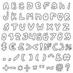 Ghost english latin abc alphabet font with digits and symbols handwritten A to Z, 0 to 9 collection. Vector illustration in doodle style isolated on white background. For design, menu, games, title.