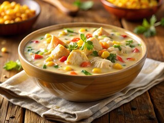 Indulge in creamy chicken corn chowder, a delightful restaurant dish.