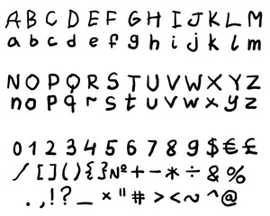 Childlike black english latin abc alphabet font with digits and symbols handwritten A to Z, 0 to 9 collection. Vector illustration in doodle style isolated on white background. For menu. design, art.