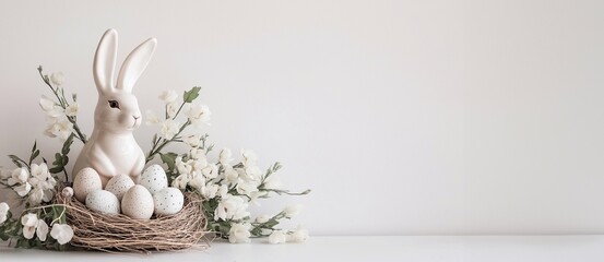 Obraz premium Easter bunny ceramic figurine sitting on a nest filled with decorated eggs and surrounded by white flowers on a white plain background, creating a festive and minimalist easter scene with copy space