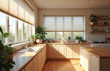 Fototapeta premium Bright sunny kitchen with automated blinds, shades. Light filters through window, providing privacy in modern home interior. Window treatment for sunny day. Generative AI image shows kitchen design.
