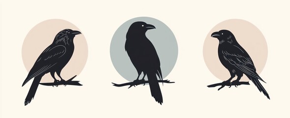 Fototapeta premium Three Black Bird Silhouettes Perched On Branches