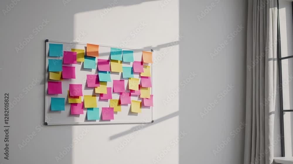 Aufkleber Sunlight progressively moves over a whiteboard covered with colorful sticky notes, creating moving shadows in a bright room with a window and a curtain