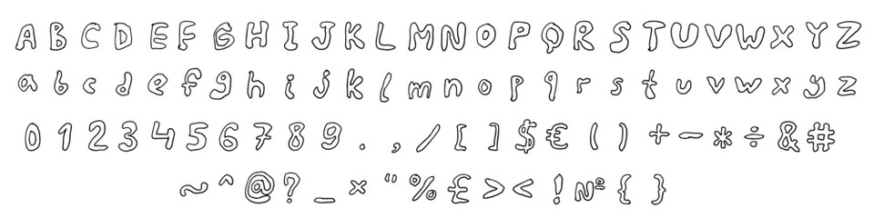 Outline black english latin abc alphabet font with digits and symbols handwritten A to Z, 0 to 9 collection. Vector illustration in doodle style isolated on white background. Design, presentation menu