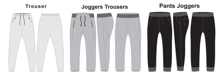 Set of Pants Joggers Trousers - Technical Flat Drawing of Jeans Pants, Cargo Sweatpants Design with Pocket - Activewear Fashion Technical Illustration - Front and Back Views, Men Women Unisex Trousers