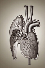 floating ominously in a dark, misty background, surrounded by faint outlines of human cells and DNA helices, with a subtle