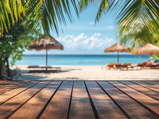 Tropical beach, wooden table, vacation (1)