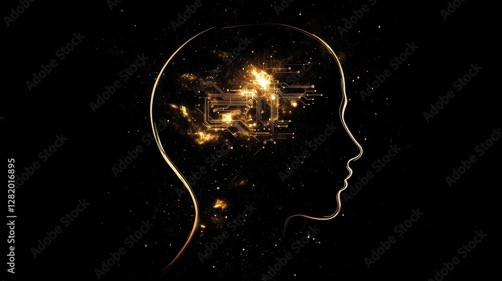 Aufkleber Silhouette of a human head illuminated by glowing quantum circuits representing advanced computing thoughts. Generative AI