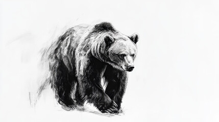 Artistic black and white ink painting of a walking grizzly bear fading into abstract brush strokes

