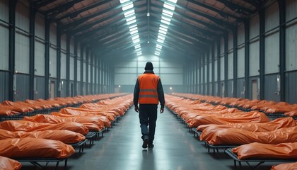 Person walks among emergency evacuation center cots. Protective clothing. Natural disaster refuge, displacement camp. Temporary shelter for victims. Humanitarian aid, support during crisis. Sanctuary